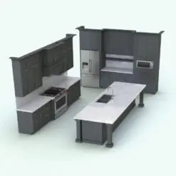 Rendered view of the traditional Revit kitchen family in V-Ray, featuring island, stove, and Revit refrigerator components. This Revit kitchen is fully parametric as well as all its components like the kitchen range, the microwave or the Revit refrigerator.