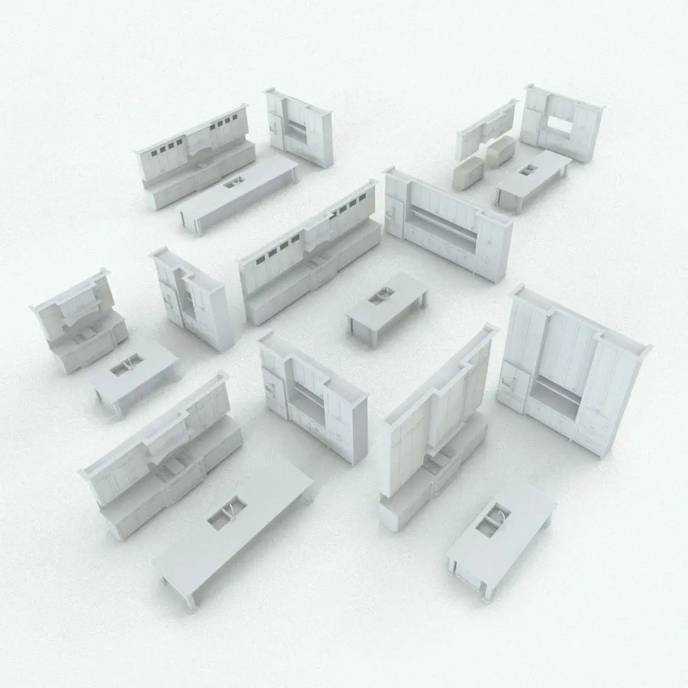 Traditional Revit Kitchen Family Variations Variations of the traditional Revit kitchen showing different configurations and sizes.