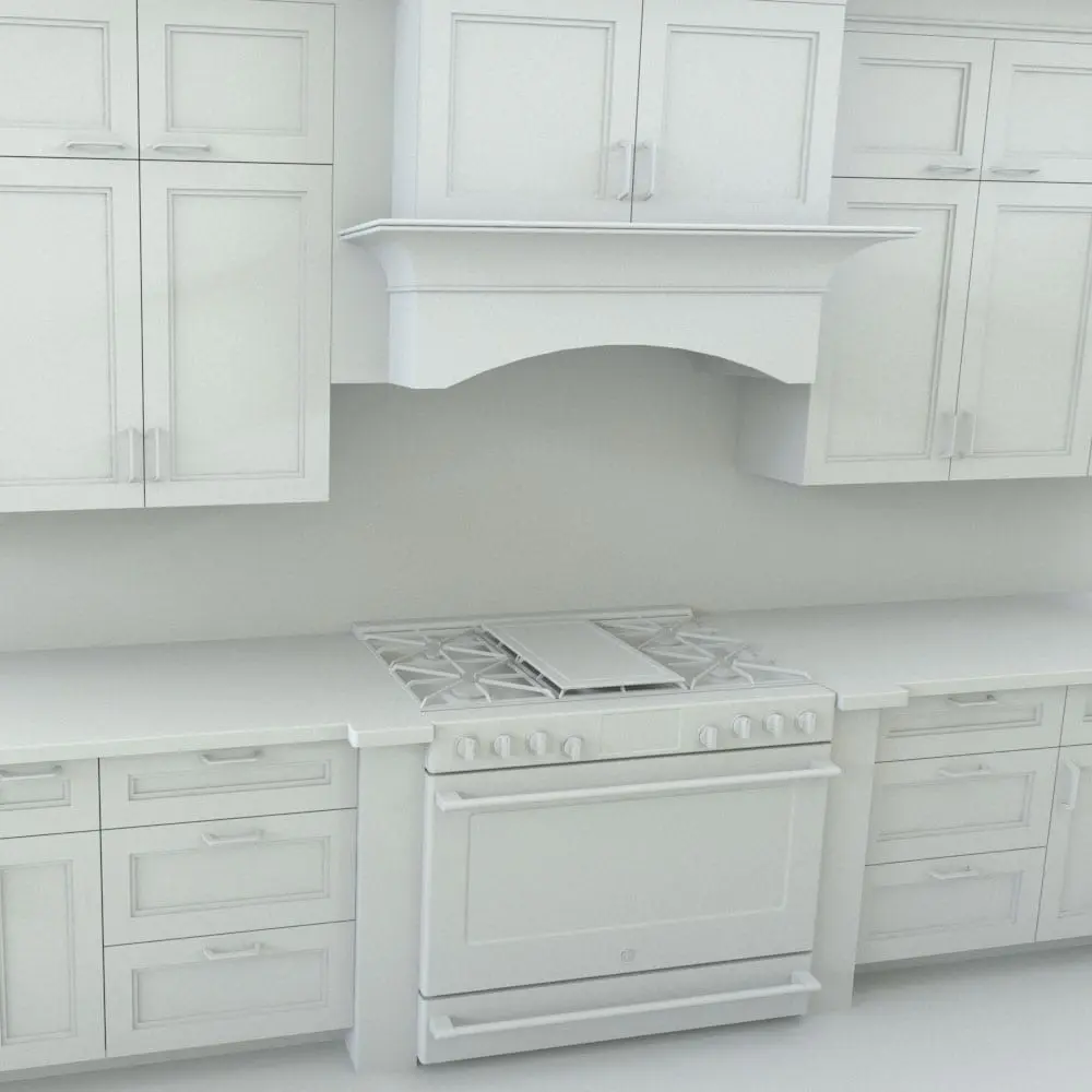 Close-Up of the Revit Kitchen Range and Cabinets Close-up of the kitchen range Revit model showcasing cabinets and highlighting design details.
