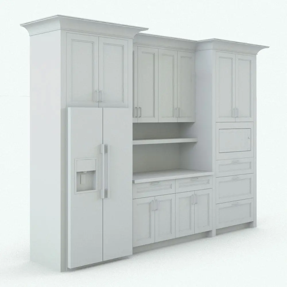 Revit fridge along with cabinets - AO render. Ambient occlusion (AO) render of the refrigerator section of the traditional Revit kitchen.