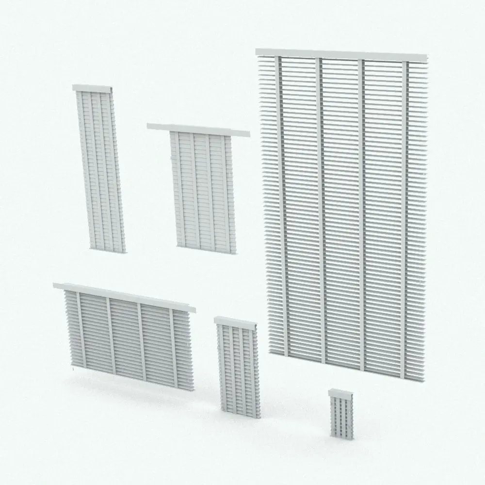 Revit Family / 3D Model - Blinds Variations Window Blinds Decoration Revit Family rendered in ambient occlusion mode and displayed in multiple sizes to showcase its parametric behavior.