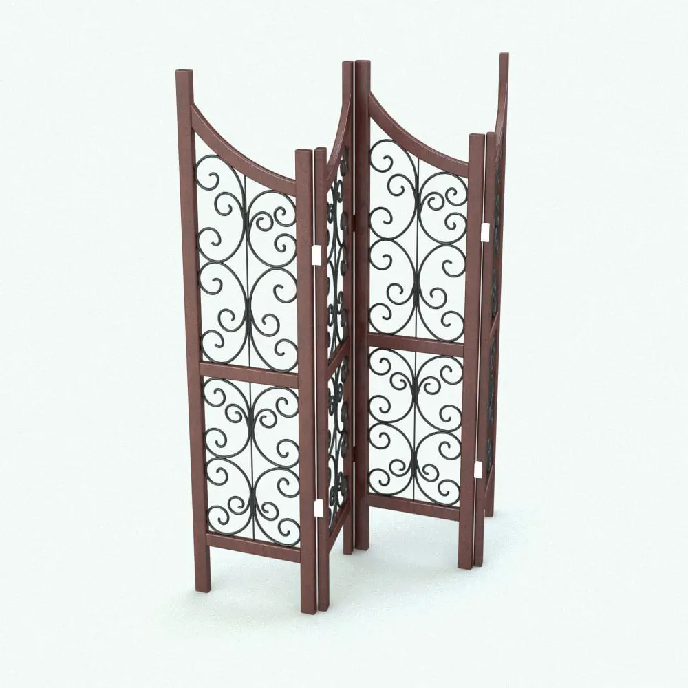 Revit Family / 3D Model - Ironwork Space Divider Rendered in Revit Ironwork Folding Partition Revit Family rendered in full color and showcasing the intricate ironwork pattern.