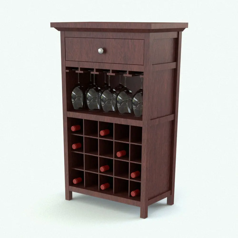 Revit Family / 3D Model - Wine Bar With Drawer Rendered in Revit Standing Wine Rack Revit Family With Drawer rendered in cherry wood color. This Revit family includes wine glasses and wine bottles separately so you can place them in any arrangement you want.