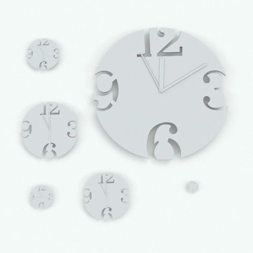 Revit Family / 3D Model - Clock With Number Holes Variations Carved Numbers Wall Clock Revit Family in different sizes to showcase its parametric behavior.