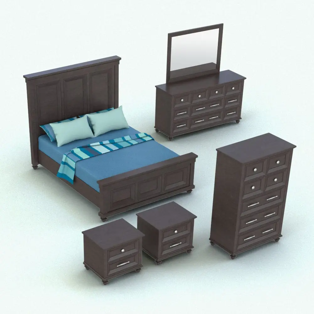 Revit Family / 3D Model - Dark Wood Classic Bed Set Rendered in Revit Dark Wood Classic Revit Bed and Set of Bedroom Furniture rendered in dark-colored wood. This Revit family is fully parametric and easy to use.