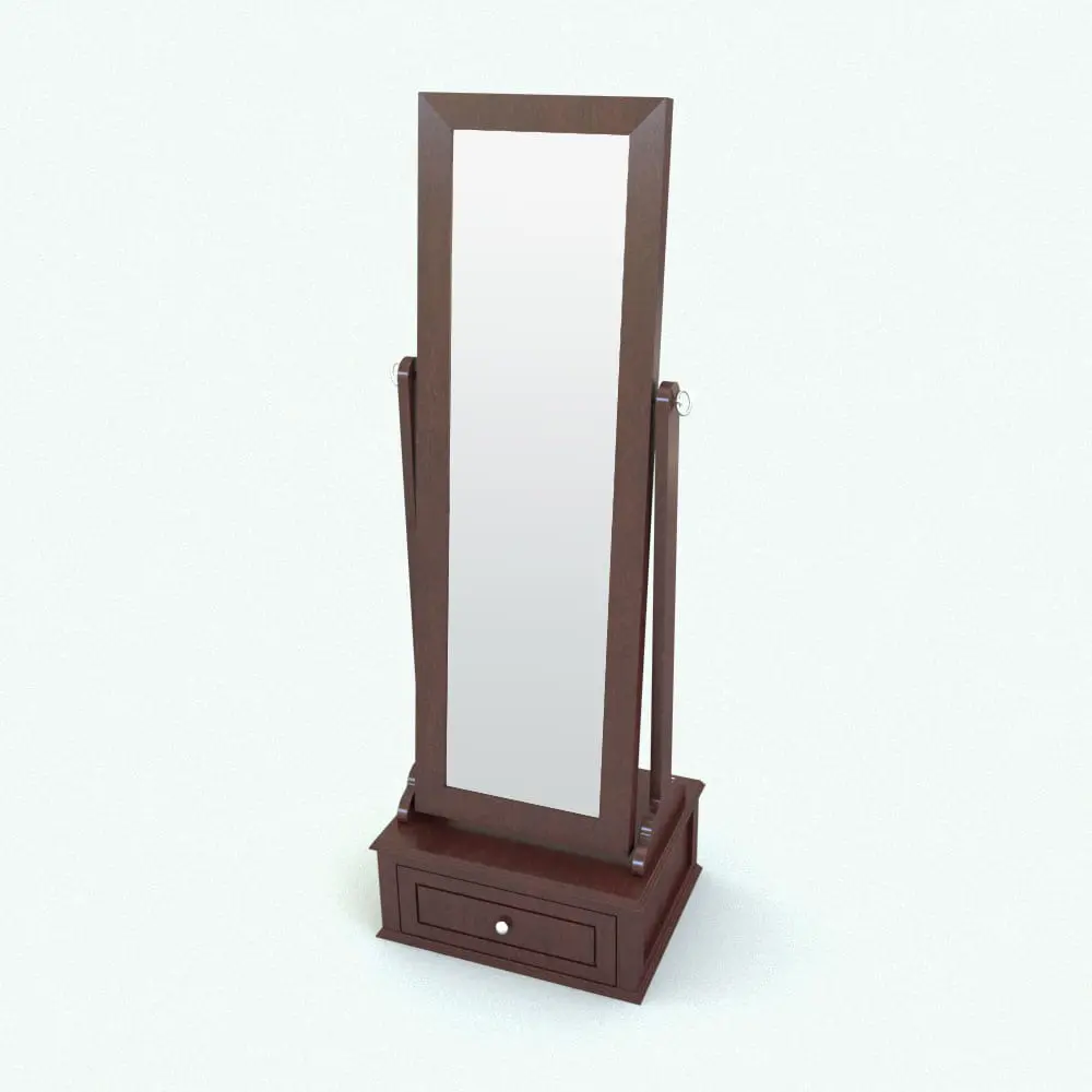 Revit Family / 3D Model - Standing Mirror With Drawer Rendered in Revit Standing Revit Mirror Family With Drawer rendered with a dark wood finish. This Revit family is fully parametric and it will adapt to any of your spaces seamlessly.