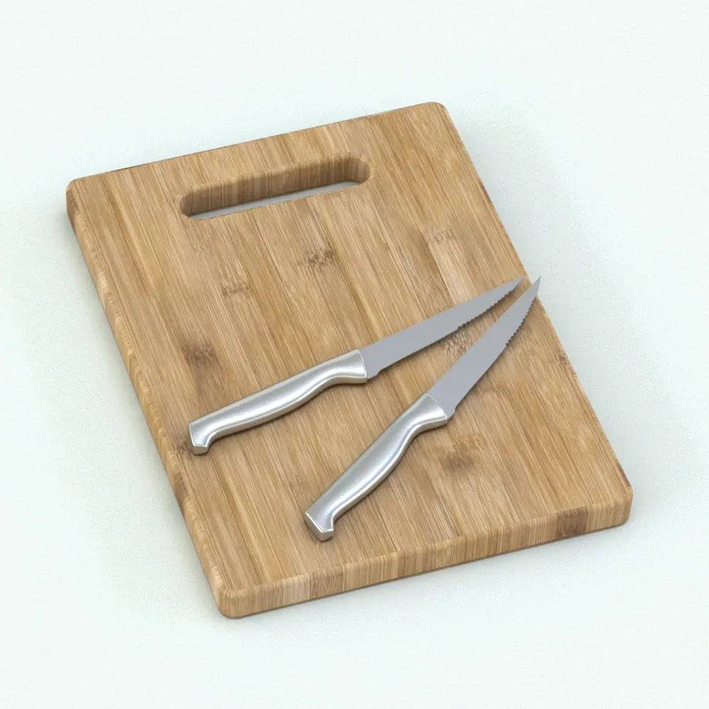 Revit Family / 3D Model - Bamboo Cutting Boards Set Rendered in Revit 3D Bamboo Boards Revit Kitchen Accessories Family rendered in bamboo wood and stainless steel knives. This Revit family is fully parametric and ready to be rendered in your projects.