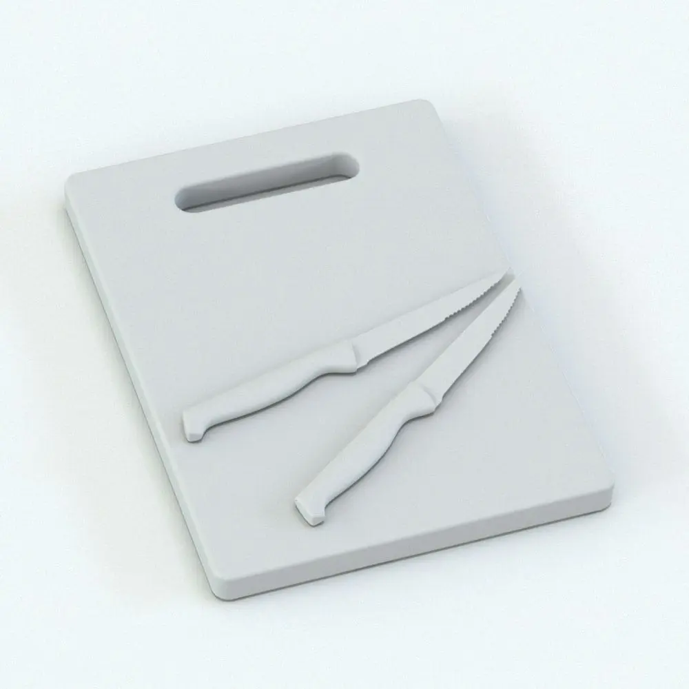 Revit Family / 3D Model - Bamboo Cutting Boards Set Perspective Bamboo Boards Revit Kitchen Accessories Family rendered in black and white (ambient occlusion style) to show all the details. This Revit decor family is the perfect addition to your Revit kitchen renders.