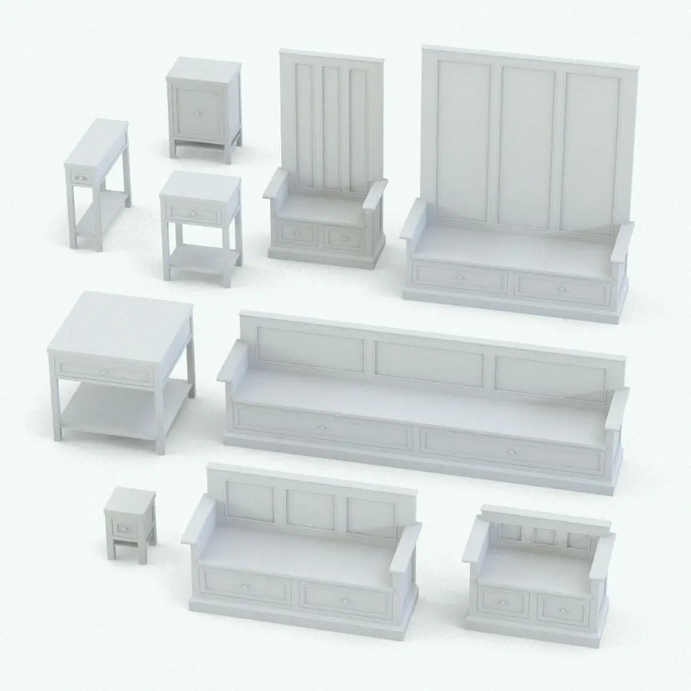Revit Family / 3D Model - Revit Bench and Revit Side Table Set Variations Revit Bench and Revit Side Table Set rendered in black and white (ambient occlusion style) and in different sizes and configurations to showcase its parametric flexibility. Ideal for contemporary interior design projects, this Revit Bench and Revit Side Table Set will take your renders to the next level by making them feel finished and livable. Get it now and see for yourself.