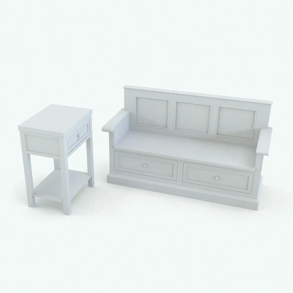 Revit Family / 3D Model - Revit Bench and Revit Side Table Set Perspective Revit Bench and Revit Side Table Set rendered in 3D and in black and white (ambient occlusion style) to show the details better. These two Revit families are fully parametric, easy to use and render ready. Just load them into your Revit project, load the provided textures (or use your own) and hit the render button for instant results. Don't wait any longer and get this Revit Bench and Revit Side Table Set today!