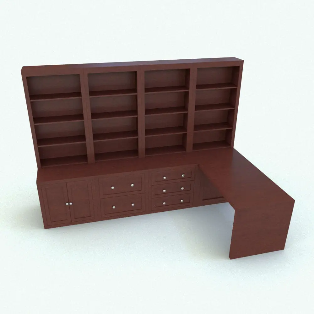 Revit Family - Revit Bookshelf Family With Doors-Drawers-Desk Rendered in full color Revit Bookshelf Family With Doors-Drawers-Desk rendered in a dark colored wood finish with metallic knobs to add contrast. This family is ideal for home offices, professional offices or even hospitality settings. With parameters to change all dimensions, drawers, table and more, this Revit Bookshelf Family is a true chameleon! Get it today and see how it will make your workflow a lot faster.
