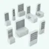 Revit Bookshelf Family With Doors-Drawers-Desk rendered in black and white and in different configurations to showcase its parametric flexibility. Ideal for traditional interior design projects, this Revit bookshelf family will make your renders feel cozy and elegant. If you need books or decorations to fill this bookshelf with, make sure you check out our Decorative accents section.