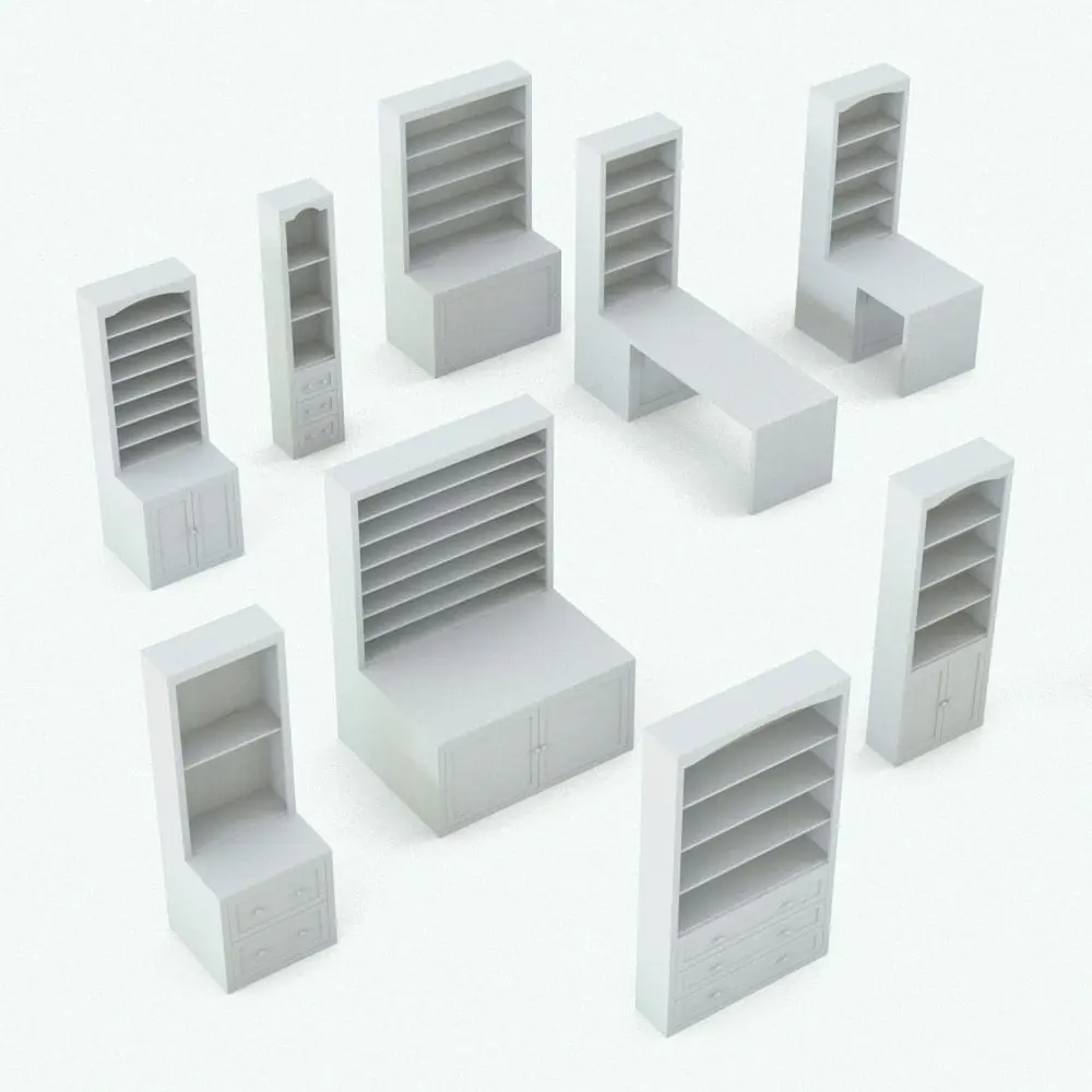 Revit Family - Revit Bookshelf Family With Doors-Drawers-Desk Variations Revit Bookshelf Family With Doors-Drawers-Desk rendered in black and white and in different configurations to showcase its parametric flexibility. Ideal for traditional interior design projects, this Revit bookshelf family will make your renders feel cozy and elegant. If you need books or decorations to fill this bookshelf with, make sure you check out our Decorative accents section.