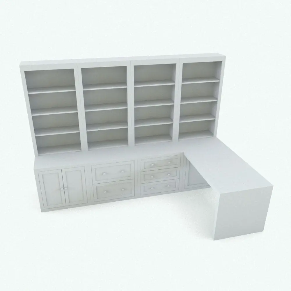 Revit Family / 3D Model - Revit Bookshelf Family With Doors-Drawers-Desk Perspective Revit Bookshelf Family With Doors-Drawers-Desk in an arrangement that features the different variations of the bookshelf: with doors, with drawers and with desk. Copy this modular bookshelf as many times as you want and line them up side by side to create larger bookshelves that feel as one. Get this fantastic Revit Bookshelf Family today and explore a world of possibilities with it.