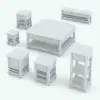 Side table Revit family rendered in black and white (ambient occlusion style) and shown in different sizes and configurations to showcase its parametric flexibility. This family, besides allowing you to change dimensions, it also allows you to turn on/off the middle shelf for even more options. Get this living room Revit set today and get double the fun: the coffee table and this side table Revit family.