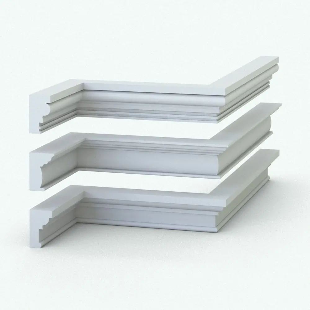 Revit Family / 3D Model - Crown Mouldings Pack 7 Perspective Revit Wall Sweep Crown Molding Profiles - Pack 7 in 3D and rendered in black and white (ambient occlusion style) to show details better. This set of 3 crown moldings is ideal for all your Revit projects and 3D renderings. Don't waste time creating simple sweeps, download these Revit Wall Sweep Crown Molding Profiles and transform your spaces immediately.