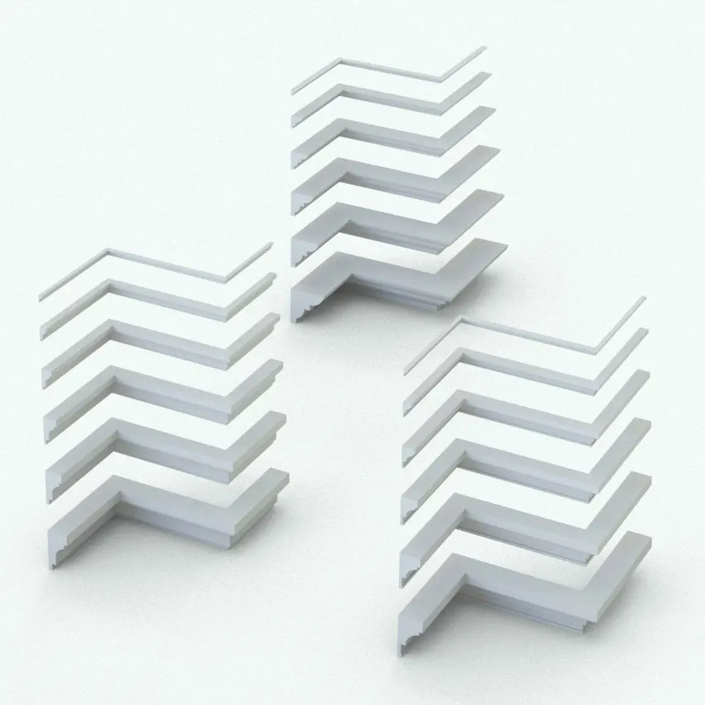Revit Wall Sweeps Size Variations of Refined Crown Moldings - Pack 1 Size variations of the three refined crown molding versatile Revit wall sweeps displayed in ambient occlusion mode from Pack 1.