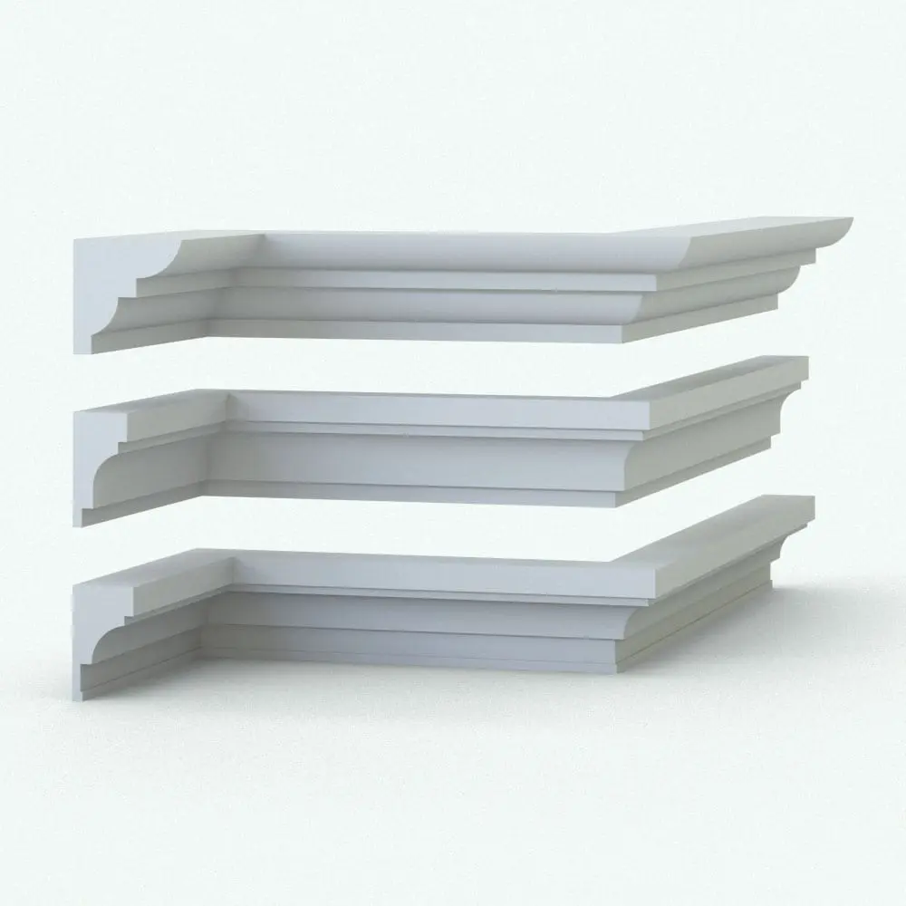 3D View of Refined Revit Crown Molding Profiles - Pack 1 3D ambient occlusion render showcasing the refined details of the three versatile Revit crown molding wall sweep profiles from Pack 1.