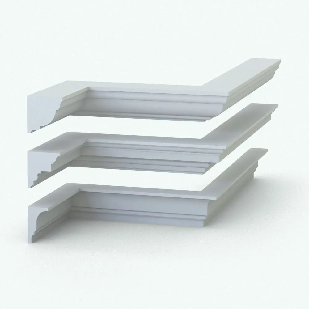 3D View of wall Sweep Decorative Crown Molding Profiles - Pack 4 3D ambient occlusion render showcasing the ornate details of the three Decorative Crown Molding Revit Wall Sweep Profiles from Pack 4. Get this pack now and make your projects stand out in a matter of a few clicks.