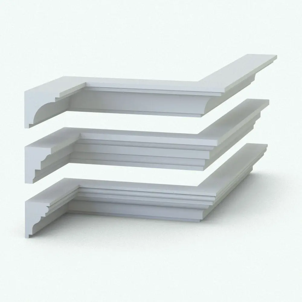 3D View of the Revit wall sweep Crown Molding Profiles - Pack 5 3D ambient occlusion render of the three crown molding Revit wall profiles, emphasizing their details and proportions in Pack 5. No more simple rectangular sweeps in your projects. Take them to the next level with these highly-detailed Revit wall sweep profiles. Three cross-section shapes to choose from, so you have options for all your projects.