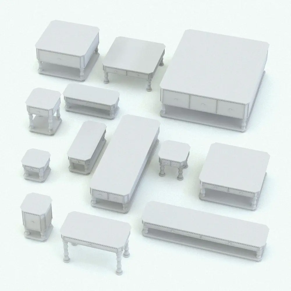 Revit Family / 3D Model - Elegant Living Room Revit Tables Set Variations Elegant Living Room Revit Tables Set rendered in black and white (ambient occlusion style) and shown in different sizes and configurations to showcase their parametric flexibility. Both, the side and the coffee table Revit families are packed with parameters to fit your Revit project perfectly. Don't wait any longer and add this Elegant Living Room Revit Tables Set to your cart today!