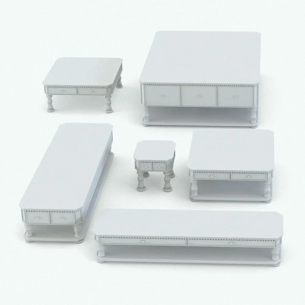 Revit Family / 3D Model - Elegant Living Room Revit Tables Set Variations 1 Coffee table Revit family rendered in black and white (ambient occlusion style) and presented in different sizes and configurations to showcase its parametric flexibility. Ideal for modern and elegant interior design projects, this coffee table Revit family will make your projects look sophisticated in just a few clicks.