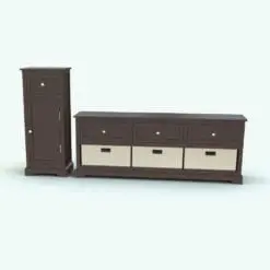 Hallway Storage Revit Cabinet Family Set rendered in a dark chocolate wood finish and light colored boxes. The two Revit families are complemented with metallic knobs and hinges for added realism. Fully parametric and easy to use, these two families will bring charm and elegance to your interior design projects. Get this Hallway Storage Revit Cabinet Family Set today and see for yourself.