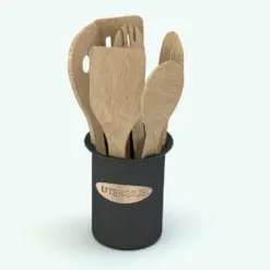 Revit Kitchen Wooden Utensils Family rendered in light wood color and a black holder with a golden badge. This Revit family is fully parametric and easy to load into your Revit projects.