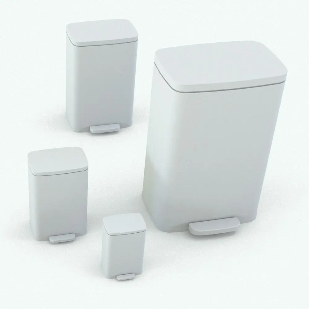 Revit Family / 3D Model - Metallic Step Trash Can Variations Metallic Step Trash Can Revit Family in different sizes to showcase its parametric behavior. Ideal for kitchen, restaurant or hospitality design 3D renderings, this trash can Revit family will make your renders look polished and finished.