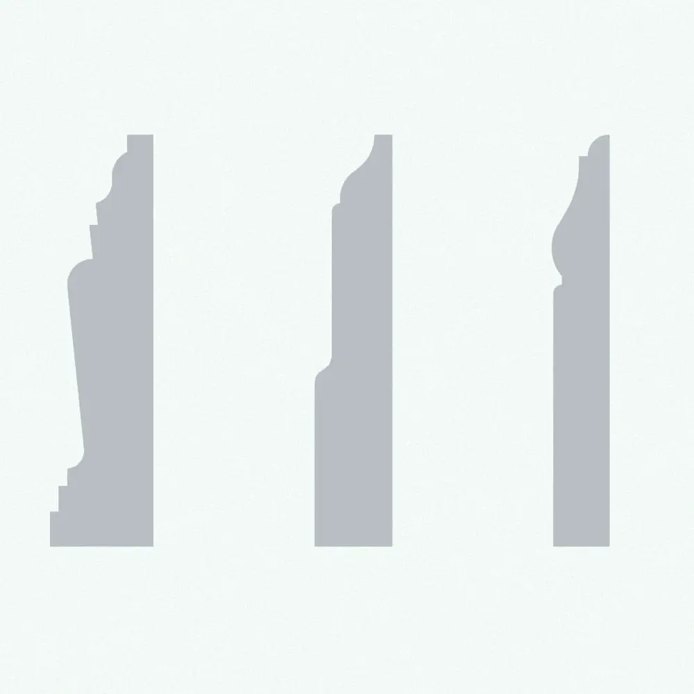Parametric Revit Wall Sweep Families - Baseboards Pack 10 in solid gray color. Parametric Revit Wall Sweep Families - Baseboards Pack 10 in cross-section view and rendered in solid gray color to easily understand the shapes.