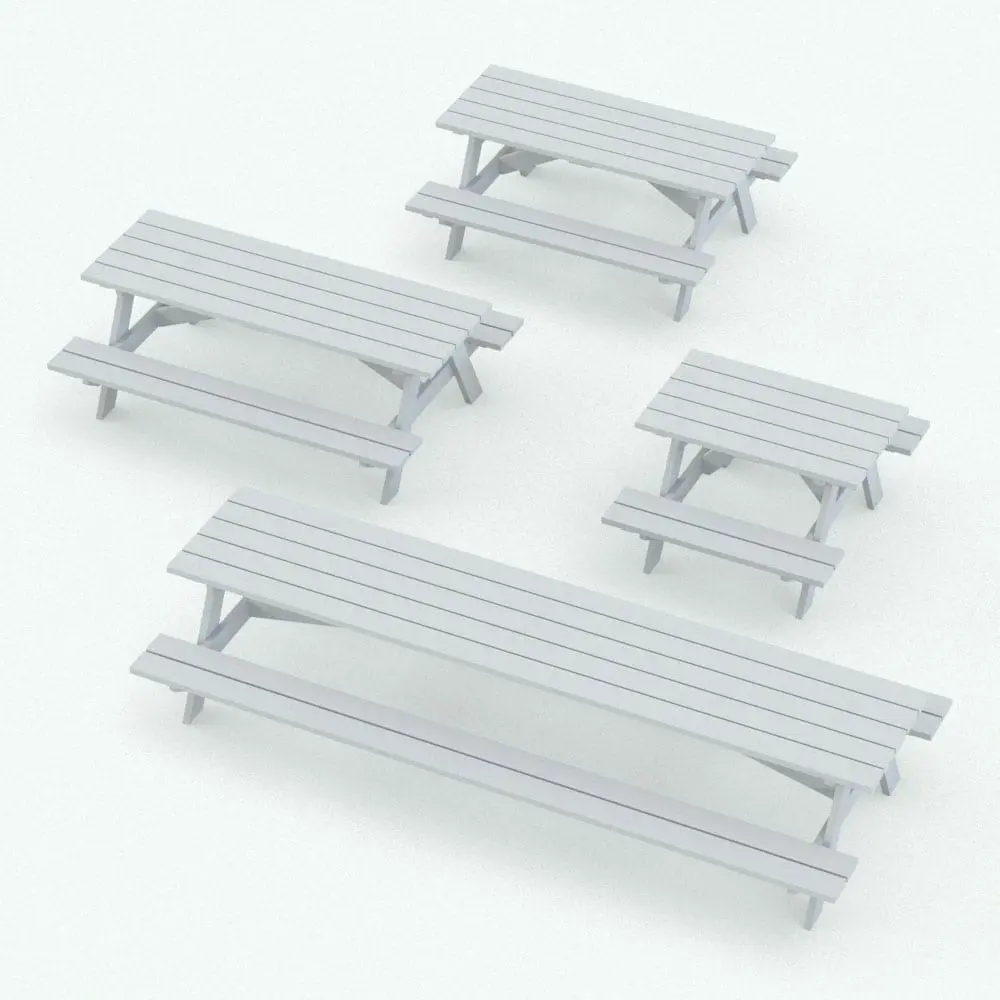 Revit Family / 3D Model - Classic Revit Picnic Table Variations Classic Revit Picnic Table rendered in 3D and in different lengths to showcase its parametric versatility. Ideal for parks, gardens, recreational areas and public spaces, this Revit picnic table will make your renders feel finished and livable. Get it today and see for yourself.