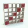 Square Grid Bookshelf Revit Family rendered in a light wood finish and red boxes creating a diagonal pattern. These boxes, as well as the size of the main bookshelf can be changed, so you can create your own grids and boxes configurations. Ideal for residential, commercial or hospitality projects, this Square Grid Bookshelf Revit Family will take your renders to the next level in just a few clicks.