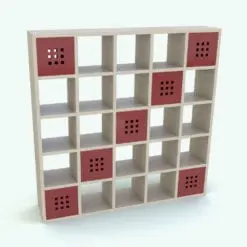 Square Grid Bookshelf Revit Family rendered in a light wood finish and red boxes creating a diagonal pattern. These boxes, as well as the size of the main bookshelf can be changed, so you can create your own grids and boxes configurations. Ideal for residential, commercial or hospitality projects, this Square Grid Bookshelf Revit Family will take your renders to the next level in just a few clicks.