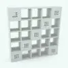 Square Grid Bookshelf Revit Family in 3D and rendered in black and white (ambient occlusion style) to show the details and shapes better. Fully parametric, easy to use and ready to render, this Revit bookshelf family will make your renders feel finished and livable.