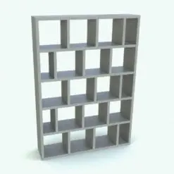 Staggered Vertical Divisions Revit Bookshelf Family rendered in a gray colored wood finish. This family is fully parametric and it allows you to create any configuration you need using the provided parameters so you can seamlessly integrate it to your Revit project. Don't wait any longer and add this Revit Bookshelf Family to your cart today