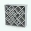Traditional Squares Wine Rack Revit Family rendered in 3D and in black and white (ambient occlusion style). On this image, you can see how each of the cells of the grid can hold up to 4 bottles, but you can configure this through the parameters and make the cells smaller (for one bottle) or even larger than these. Get this wine bar Revit family today and see how all the included parameters will help you to seamlessly blend it into any of your Revit projects.