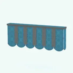 Valance Dual Shape Curtain Revit Family rendered in 3D with a teal patterned fabric texture and gray rectangular accents. This family is fully parametric. Add it to your Revit project, change the dimensions, the depth, the curves, visibilities and much more to make it suit your project perfectly. Don't wait any longer and make your projects and 3D renderings look finished and sophisticated with this Valance Dual Shape Curtain Revit Family.