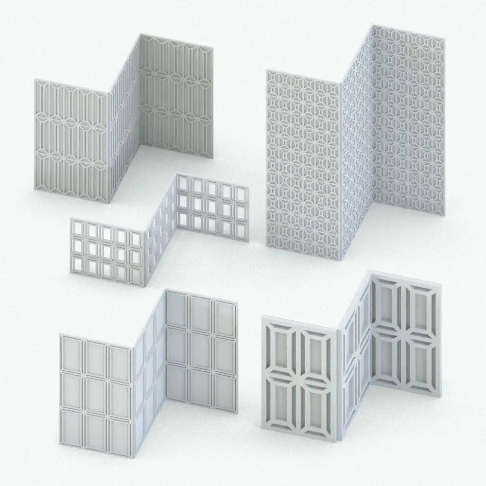 Design Variations of Lattice Wall Cladding Various configurations of the lattice wall cladding family, highlighting customizable panel height, thickness, and geometric spacing.