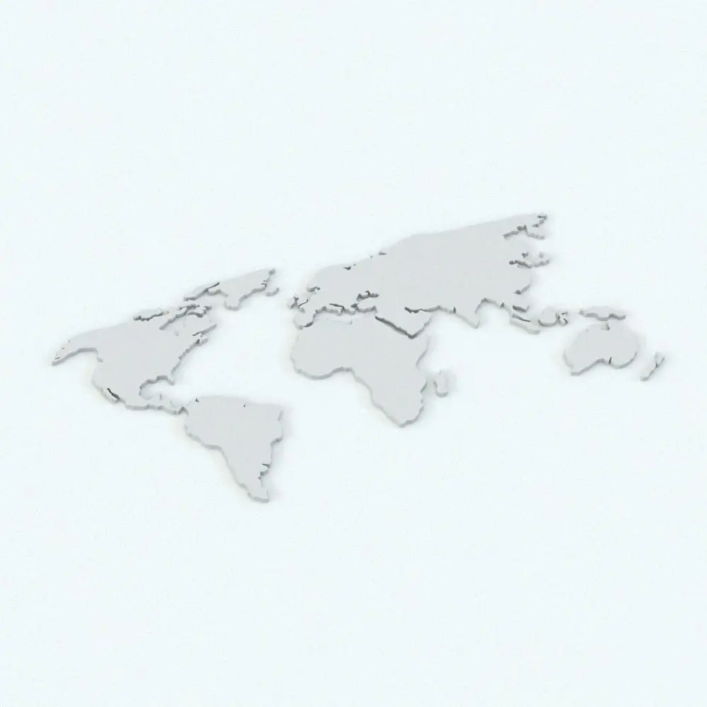 Revit Family / 3D Model - World Map Wall Decoration Perspective 2 World Map Decoration Revit Family in 3D view and rendered without materials to show the shapes better. This family includes the material shown on the main image of this product and it's ready to render. Don't waste any time and add this Revit decor family to your cart now.