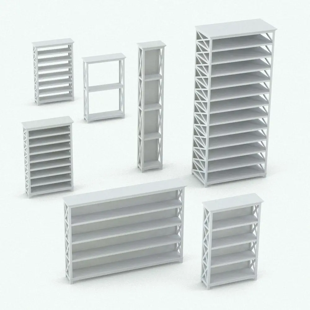 Revit Family / 3D Model - X-Shapes Revit Bookshelf Family Variations X-Shapes Revit Bookshelf Family in different sizes and configurations to showcase its parametric versatility. Change the height, the width, the depth, the number of shelves and more to make this Revit family blend seamlessly with your project aesthetics. Don't wait any longer and add this X-Shapes Revit Bookshelf Family to your cart today.