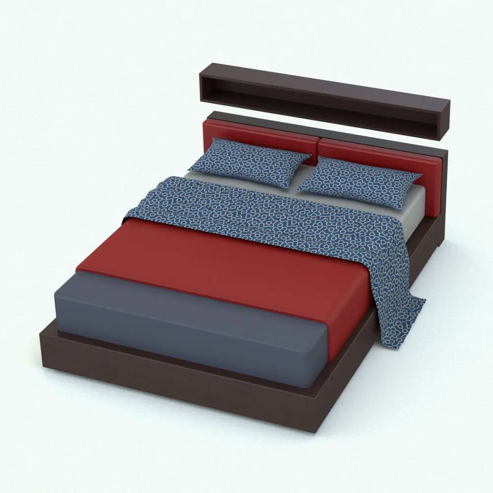 Revit Family / 3D Model - Revit Bed Family With Shelf Rendered in Revit Revit Bed Family With Shelf in 3D and rendered in full color with a dark chocolate wood base, blue and red textile accents and a floating shelf above the bed. This bed was created with our hybrid technology, which allows you to add textures to pillows, throws and any other organic object and have them display properly in the Revit bed family. Don't wait any longer and make your bedroom spaces feel elegant and finished with this Revit Bed Family With Shelf.