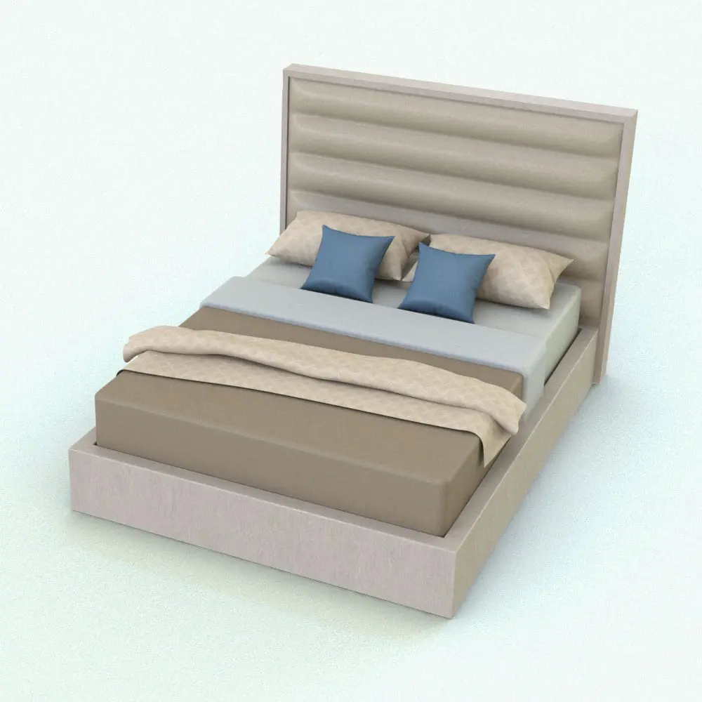 Revit Family / 3D Model - Box Base Bed Revit Family Rendered in Revit Box Base Bed Revit Family in 3D and rendered with light tan colored materials and blue accent square pillows. This bed features a padded headboard, which makes it look modern and inviting. Ideal for modern and contemporary interior design styles, this Revit bed family will make your spaces stand out in just a few clicks. Don't wait any longer and add this Box Base Bed Revit Family to your cart today.