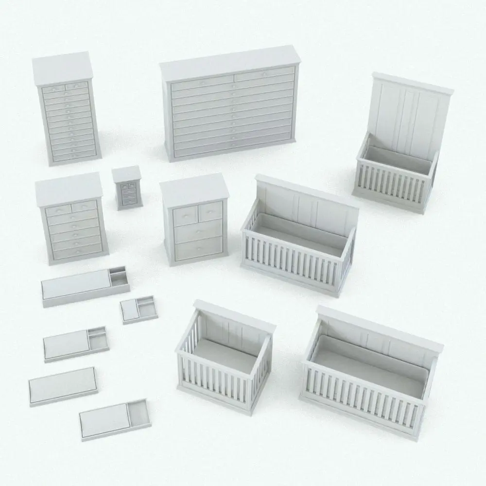 Revit Family / 3D Model - Classic Style Revit Furniture Nursery Set Variations Classic Style Revit Furniture Nursery Set in different sizes and configurations to showcase its parametric flexibility. Each one of the 3 Revit families included (crib, changing station and chest with drawers) comes packed with parameters to make sure it seamlessly blends with your project. Don't wait any longer and add this Revit set to your personal assets today.