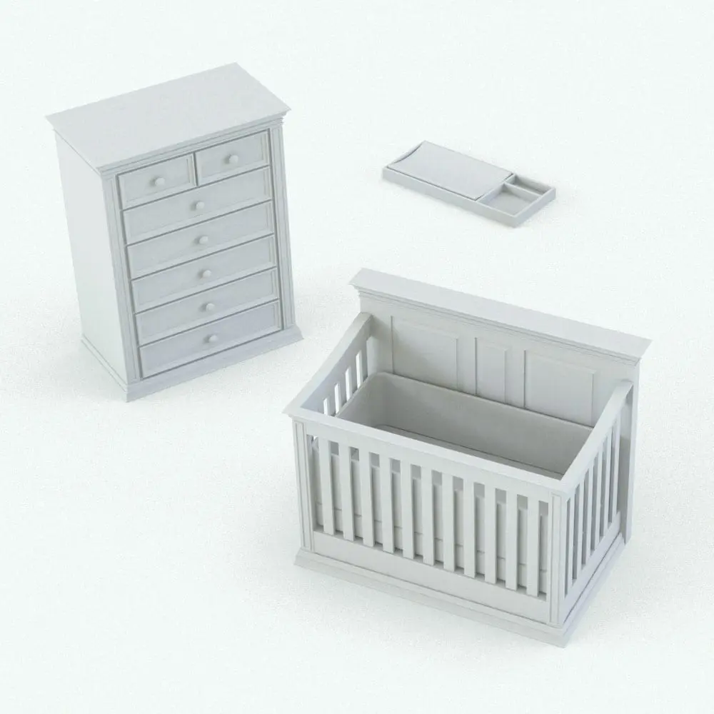 Revit Family / 3D Model - Classic Style Revit Furniture Nursery Set Perspective Classic Style Revit Furniture Nursery Set in 3D and rendered without any materials (ambient occlusion style) to showcase the shapes and details better. This Revit furniture set is ideal to make your kids rooms come to life! Use the provided materials in the families or create your own to customize it even further. Fully parametric and easy to use, this Classic Style Revit Furniture Nursery Set will elevate your 3D renderings to new heights.