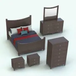 Curved Horizontal Drawers Revit Furniture Set rendered in a dark chocolate wood finish and blue/red/white textiles. This Revit furniture set includes a bed, a dresser, a chest of drawers and nightstands. Ideal for modern and contemporary interior design projects, this Curved Horizontal Drawers Revit Furniture Set will make your projects and 3D renders stand out in just a few clicks. Get it today and see for yourself.
