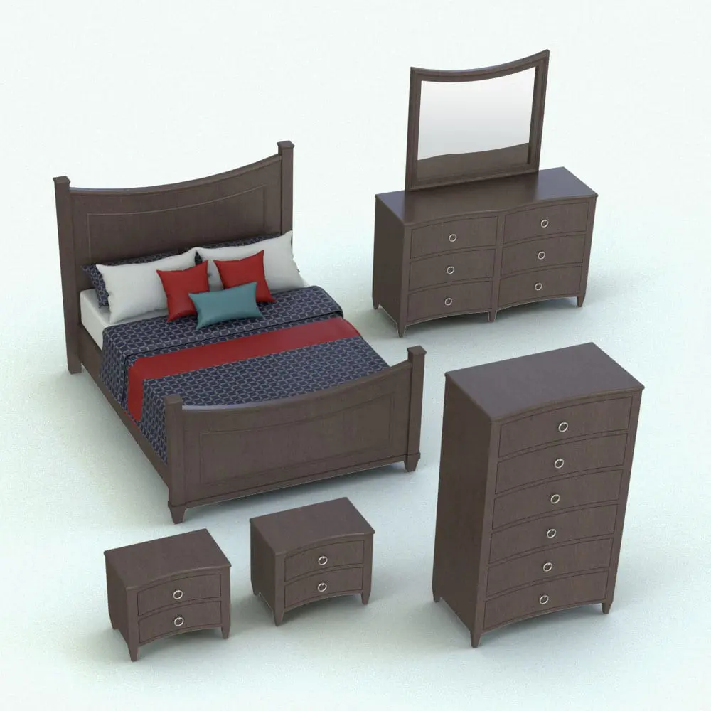Revit Family / 3D Model - Curved Horizontal Drawers Revit Furniture Set Rendered in Revit Curved Horizontal Drawers Revit Furniture Set rendered in a dark chocolate wood finish and blue/red/white textiles. This Revit furniture set includes a bed, a dresser, a chest of drawers and nightstands. Ideal for modern and contemporary interior design projects, this Curved Horizontal Drawers Revit Furniture Set will make your projects and 3D renders stand out in just a few clicks. Get it today and see for yourself.
