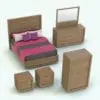 Curved-In Drawers Revit Furniture Set in 3D and rendered with a light colored wood and pink, gray and purple textiles to add contrast. This Revit furniture set includes a fully realistic bed, a dresser, a chest of drawers and night stands