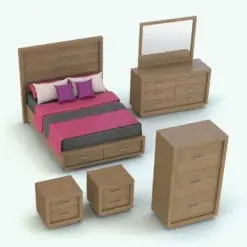 Curved-In Drawers Revit Furniture Set in 3D and rendered with a light colored wood and pink, gray and purple textiles to add contrast. This Revit furniture set includes a fully realistic bed, a dresser, a chest of drawers and night stands