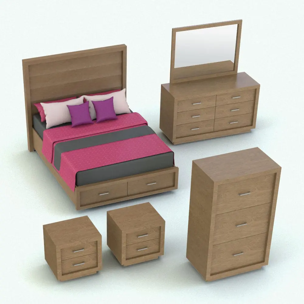 Revit Family / 3D Model - Curved-In Drawers Revit Furniture Set Rendered in Revit Curved-In Drawers Revit Furniture Set in 3D and rendered with a light colored wood and pink, gray and purple textiles to add contrast. This Revit furniture set includes a fully realistic bed, a dresser, a chest of drawers and night stands