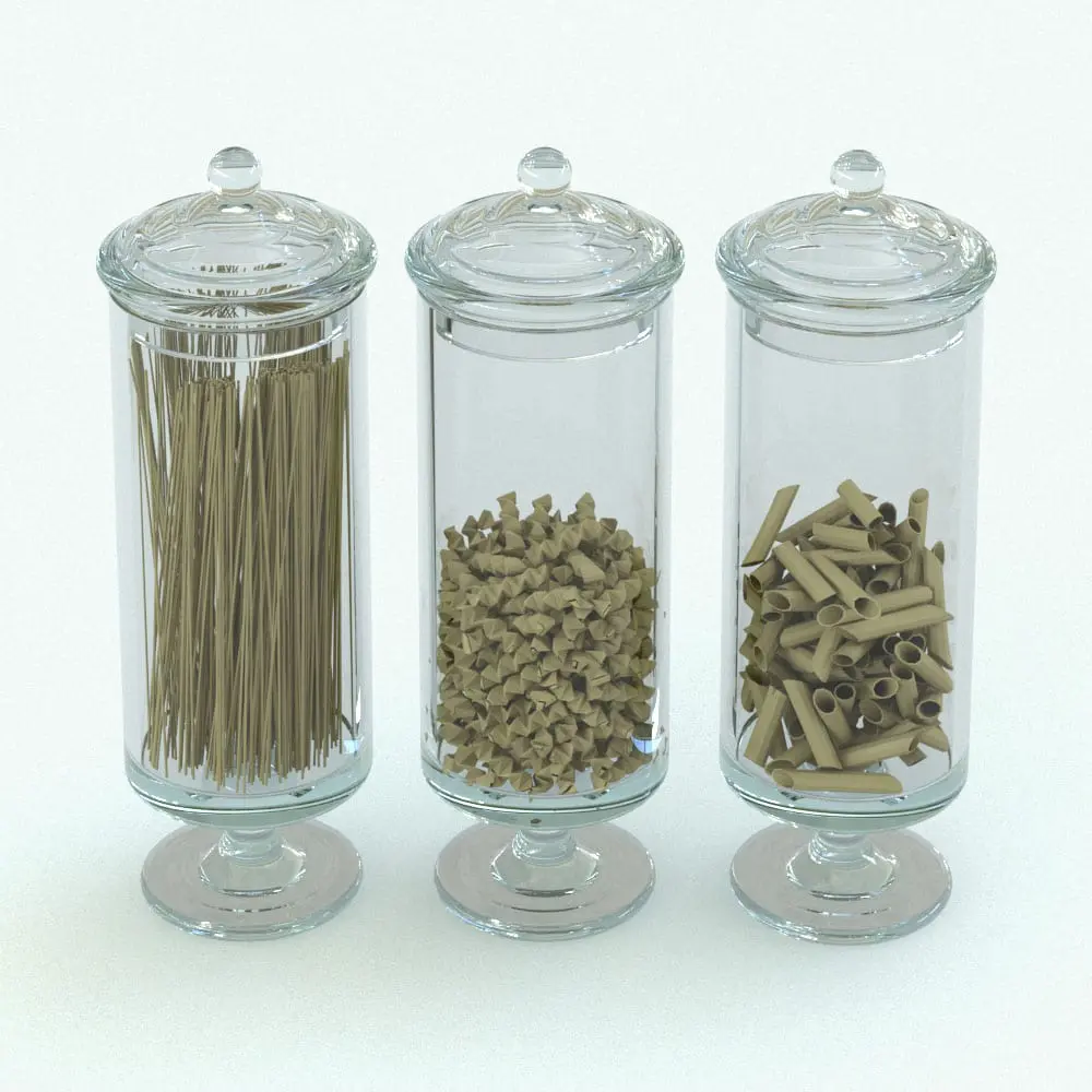 Revit Family / 3D Model - Glass Pasta Containers Revit Decor Family Rendered in Revit Glass Pasta Containers Revit Decor Family in 3D and rendered with three different types of pastas and in glass containers. This decoration Revit family is fully parametric and it allows you to change materials, to turn the pasta on/off and even to remove the lid and change the height of it. This makes this Revit family quite flexible and versatile.
